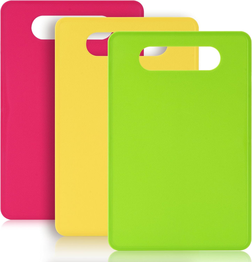 Luckyiren Plastic Cutting Board Set, 3 Pack Small Chopping Boards for Kitchen, BPA-Free, Dishwasher Safe, Color Coded Boards Pads for Meat Vegetable Fruit, Easy Grip Handle, Non-Slip, Space Saving